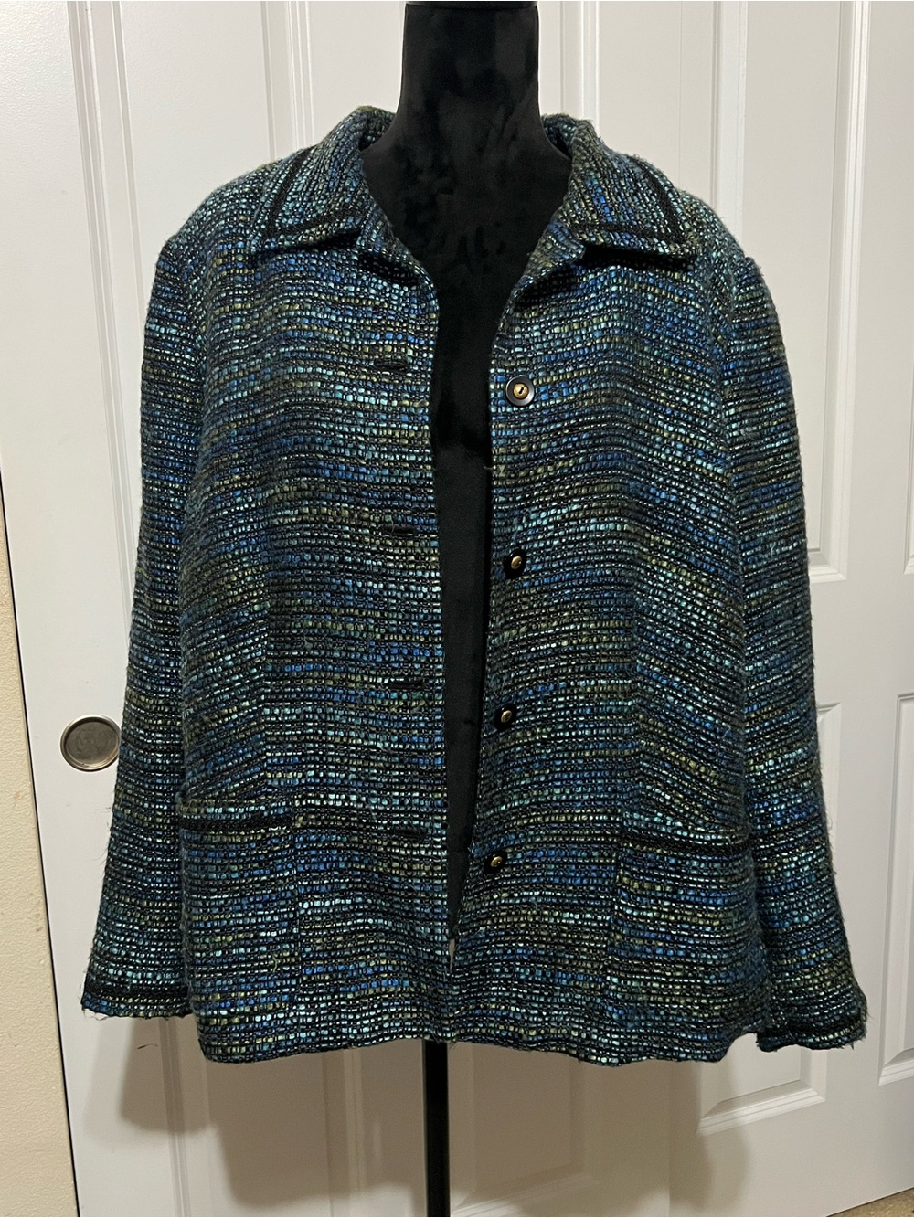 JM Collection Vintage Tweed Knit Button Front Jacket Blue Green 20W